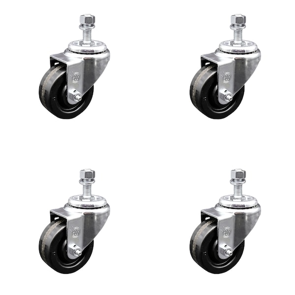 3.5 Inch SS Phenolic Wheel Swivel 10mm Threaded Stem Caster Set SCC